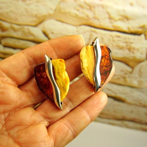 Big Amber & 925 Silver Omega Earrings - Made In Poland Rare Jewelry Her Gift - Picture 3 of 16